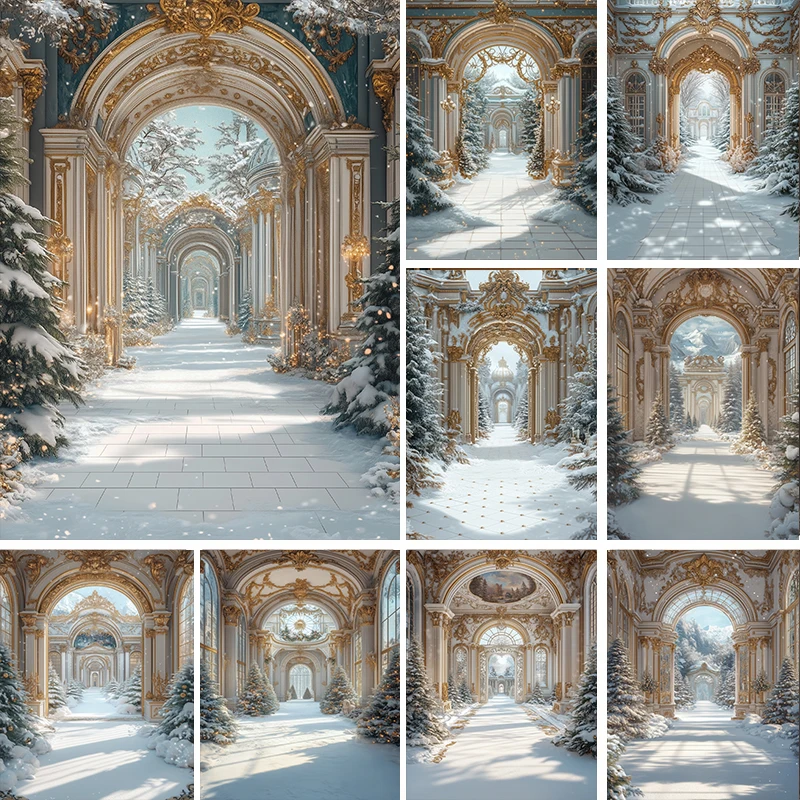 

LS Winter Christmas Photography Background Xmas Tree Golden Palace Decoration Kids Holiday Portraits Photo Backdrops Studio Prop