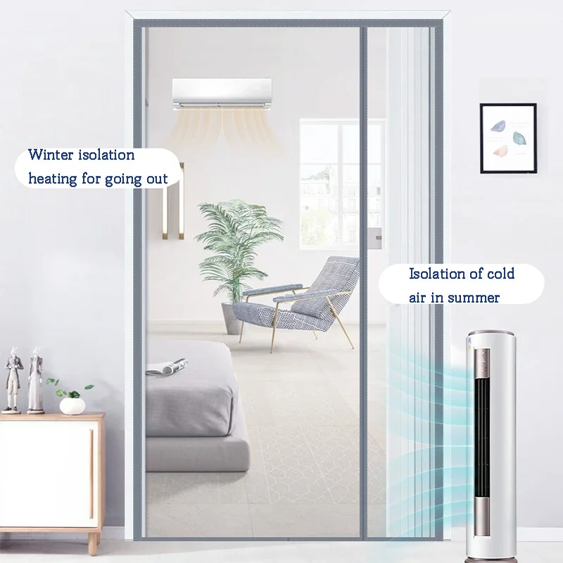 Gray magnetic self-priming transparent air conditioning door curtain, windproof and warm bedroom, anti oil fume transparent film