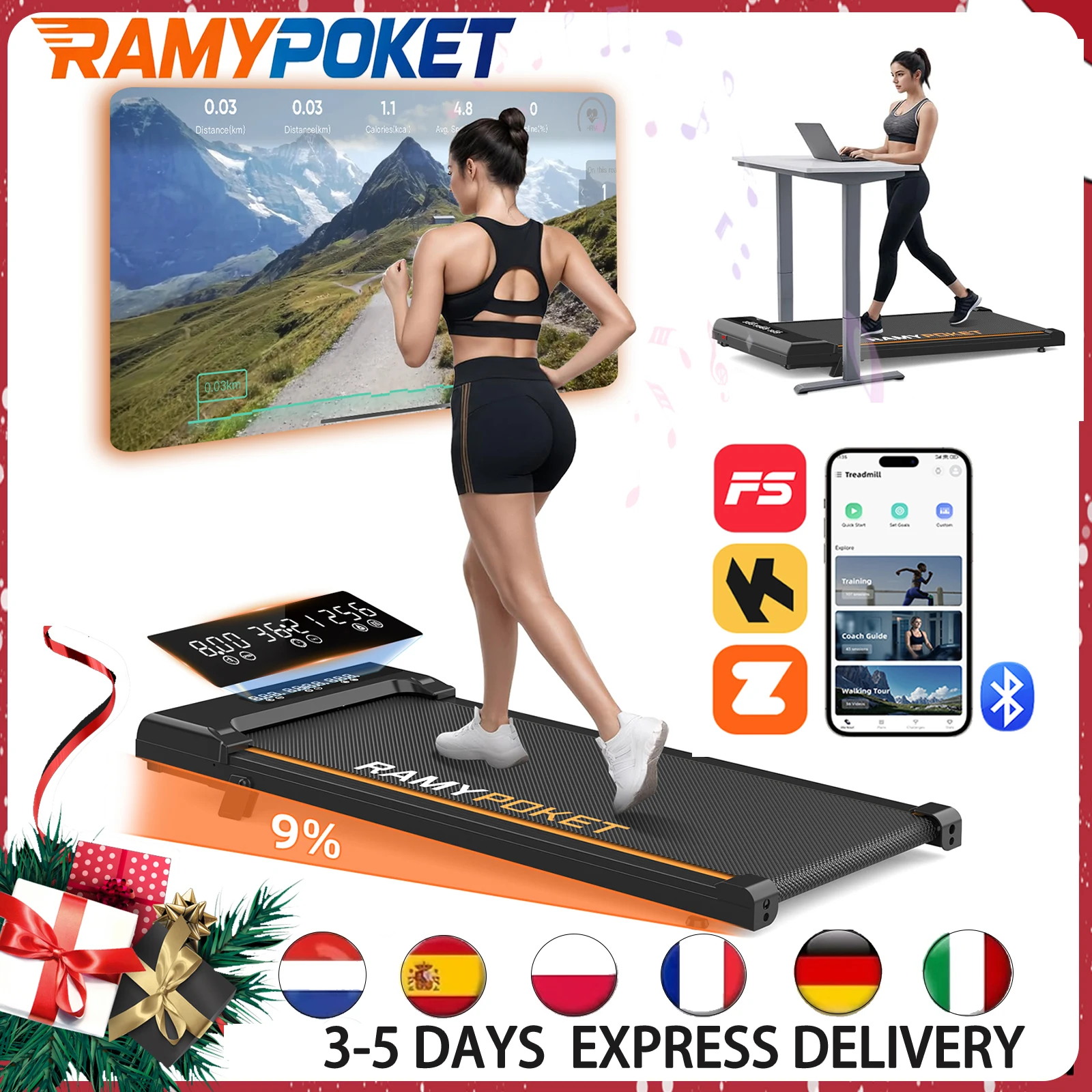 RAMYPOKET Bieżnia nachyleniem 9% cichy silnik sterowanie APP potrójny wyświetlacz prędkość walking pad do domu i biura