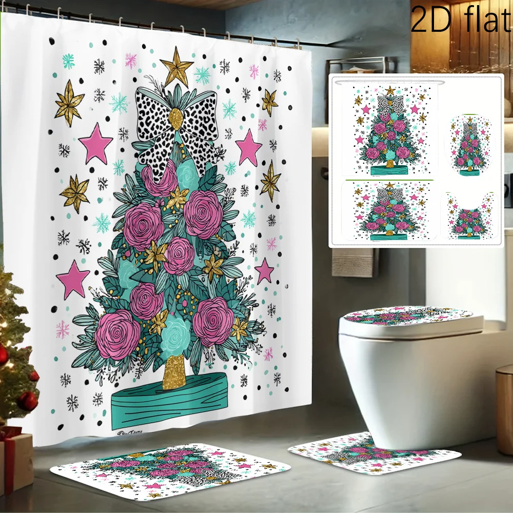 

2Dflat 4pcs Fantasy Christmas Tree Decorative Printed Shower Curtain Set, Decorative Bathroom Set Includes Shower Curtain,