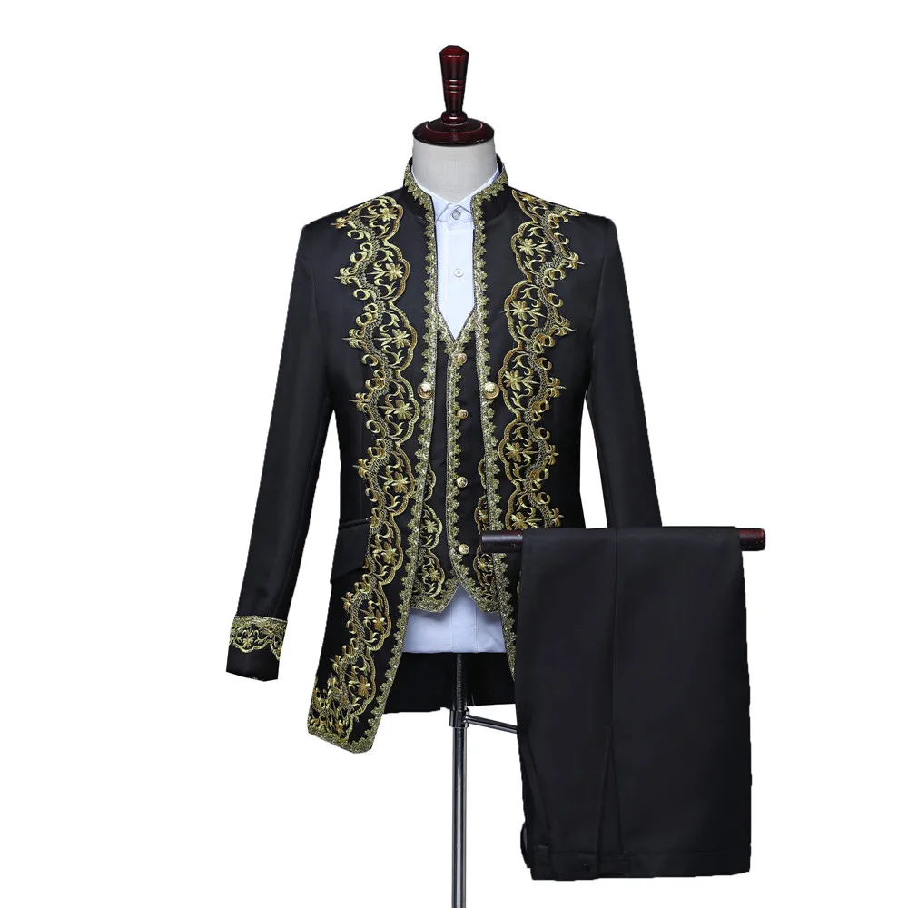 Vintage Men Appliqued 3-piece Suit Black and Gold Stage Stylish White Theater Gala Evening Jacket