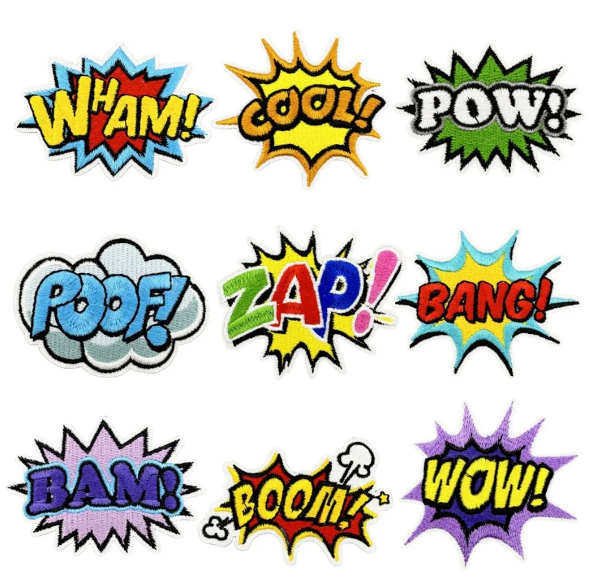 10 Pcs Wow Bam Cool Boom Embroidered Patches Iron On Clothing Hat Bag Shoe Repair Material Phone Gift Box Decor DIY Accessory