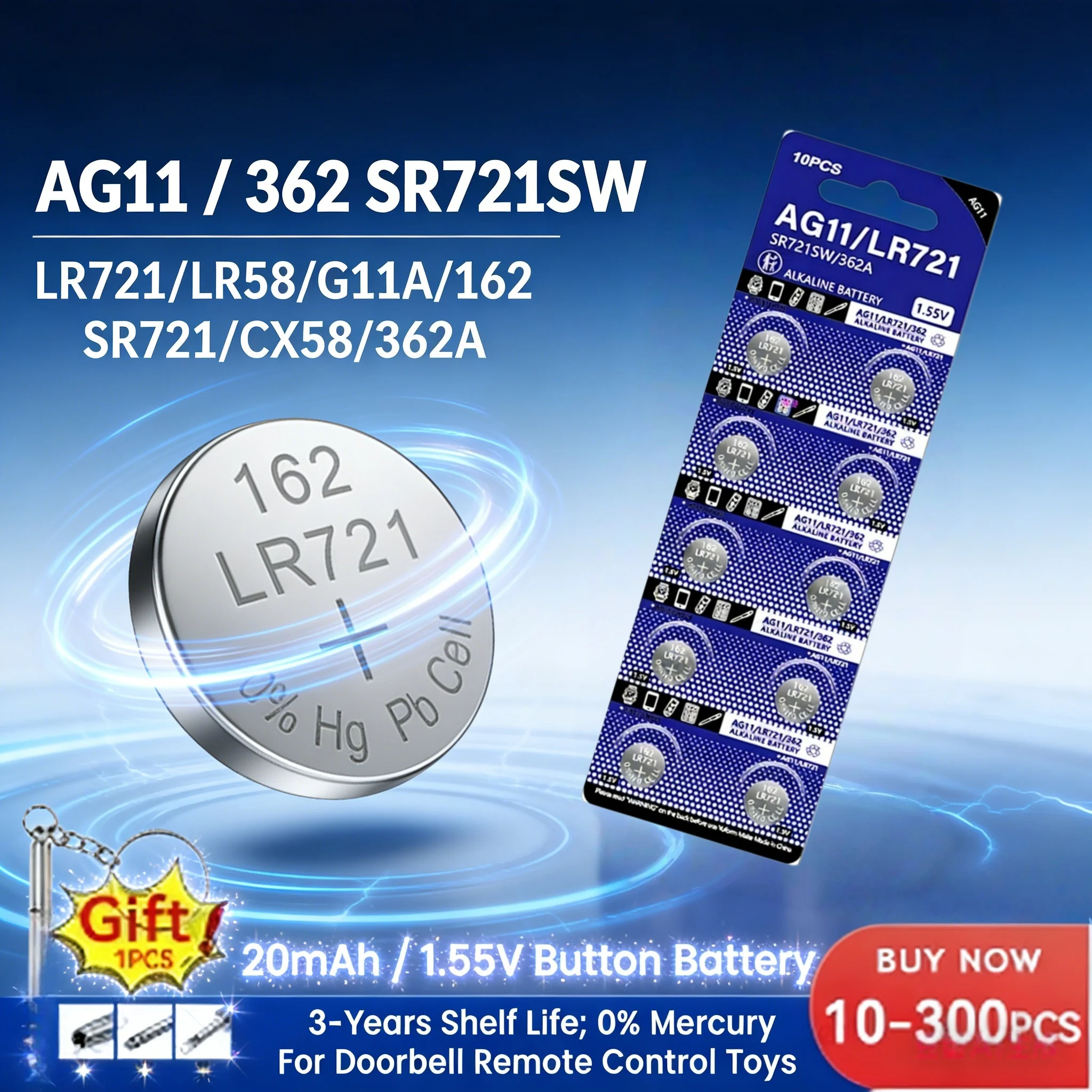 

Батарейка AG11 LR721 щелочная кнопочная 1.55В 20мАч для часов, калькуляторов, LED-фонариков, герметичная конструкция, 362 LR58 162 SR721SW