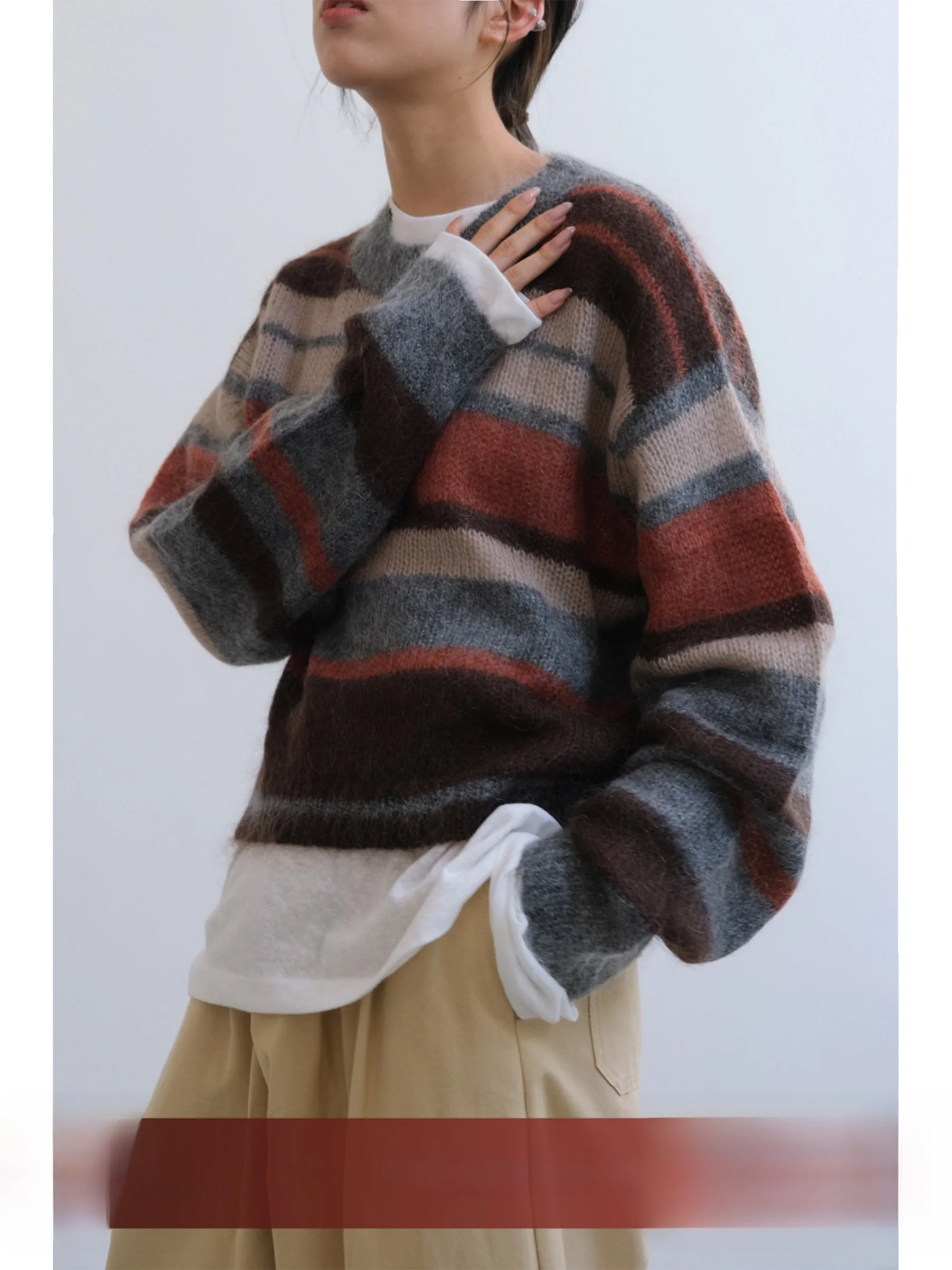 

Вязаный шерстяной свитер VG lway с длинными рукавами и круглым вырезом, в полоску, универсальный, для повседневной носки, осень-зима