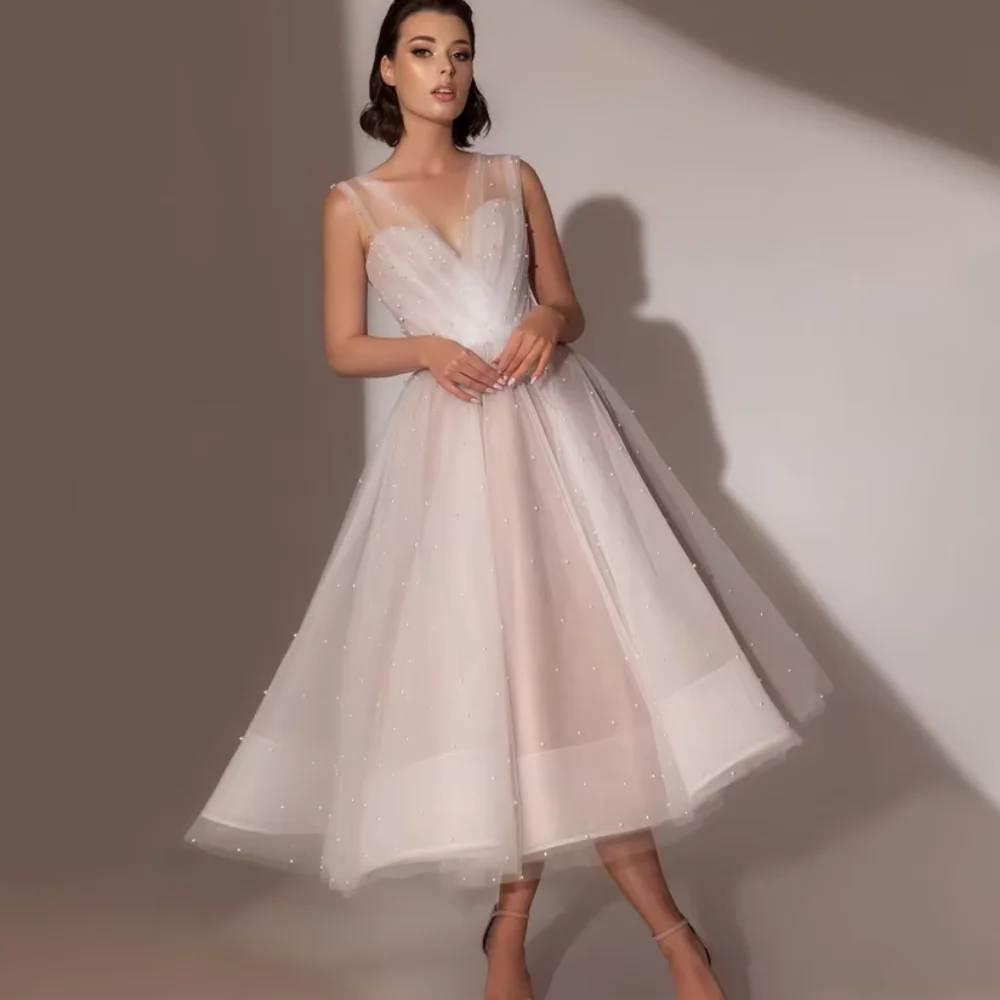 Elegant Customized Prom Dresses Tulle Beading Tank Evening Dress A Line V Neck Party Gowns Mid-calf Length Vestidos