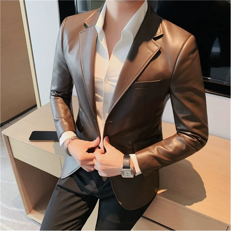 Men\'s Leather Jacket 2024 Autumn Highend Fashion Solid Slim Fit Business Blazers Coats Korean Casual PU Leather Suit Tuxedo