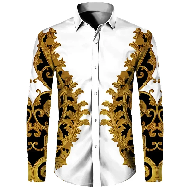 New Men's Retro European Palace Pattern 3D Printed Lapel Long-sleeved Shirt Elegant, Comfortable Business Casual Outdoor Top 6XL
