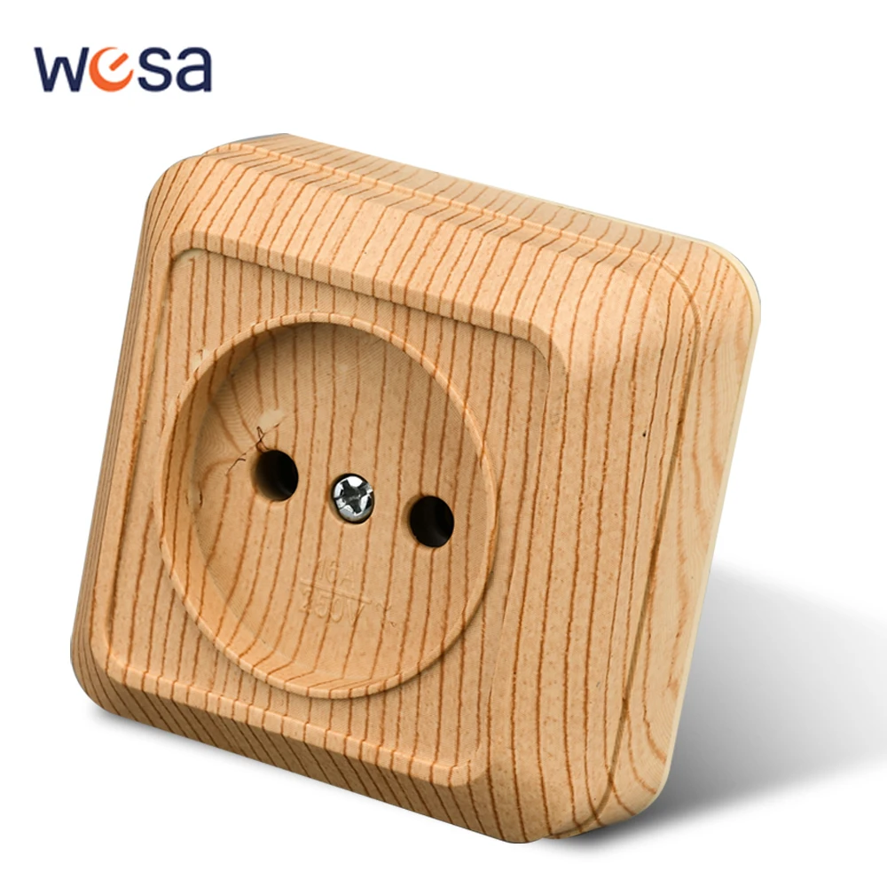 WESA-enchufe de pared de madera, toma de corriente estándar de la UE, Outlett eléctrico Vintage, imitación de Color de madera, plástico ignífugo