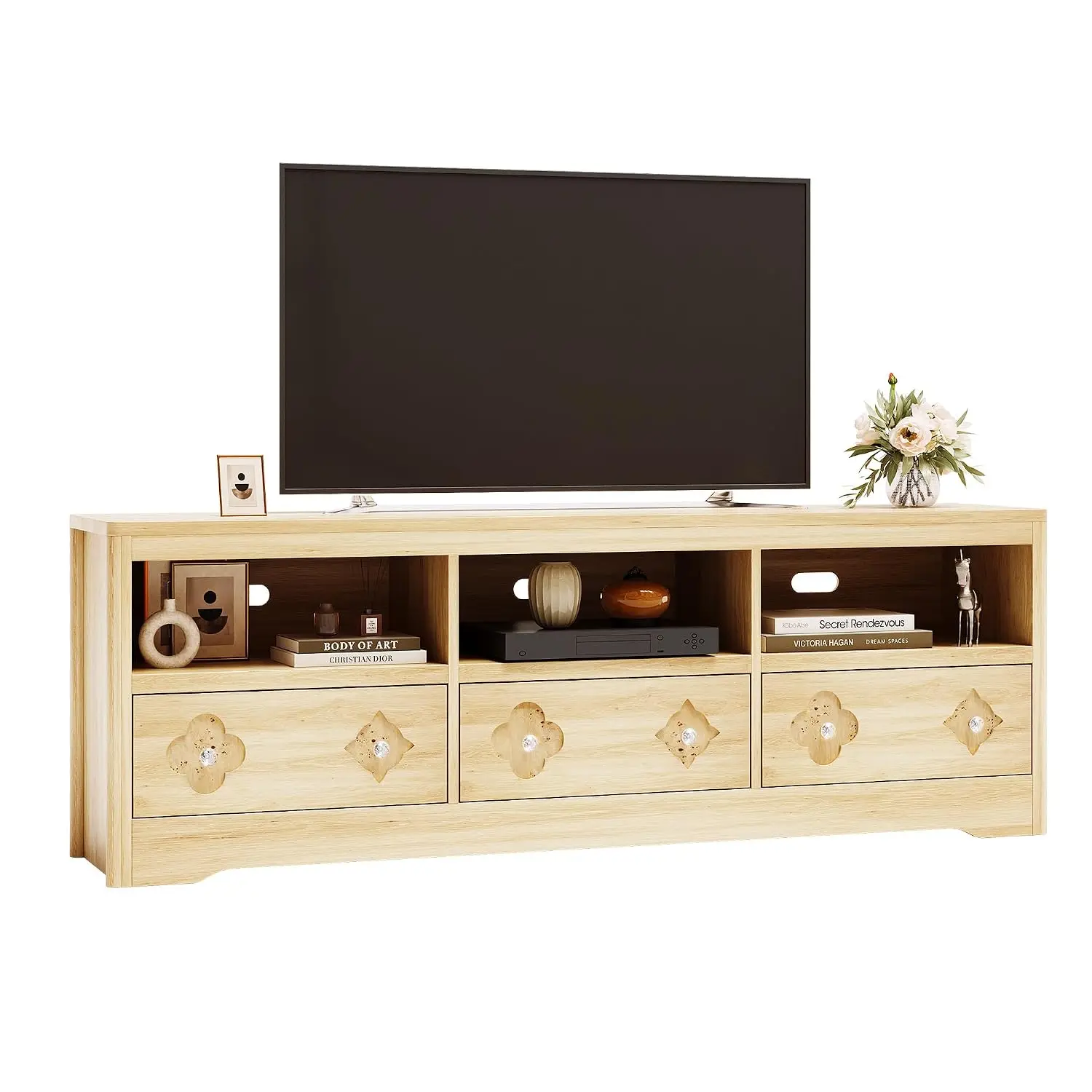 70in TV Stand for 85" TVs, Mid Century Modern Entertainment Center with Storage Drawer & Open Shelves, Media Console for Living