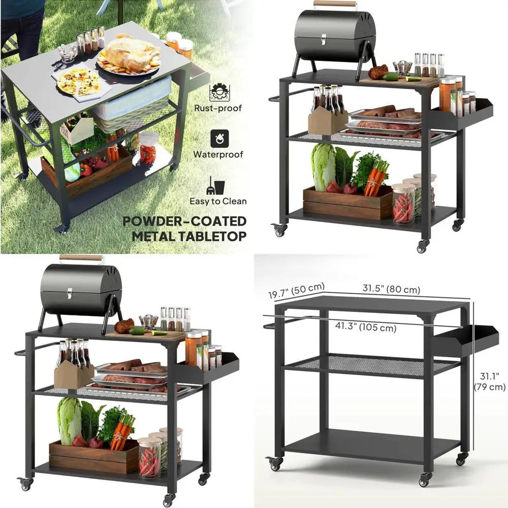 ポータブル屋外グリルカート（ピザオーブンスタンド、収納、移動式フードプレップテーブル付き）