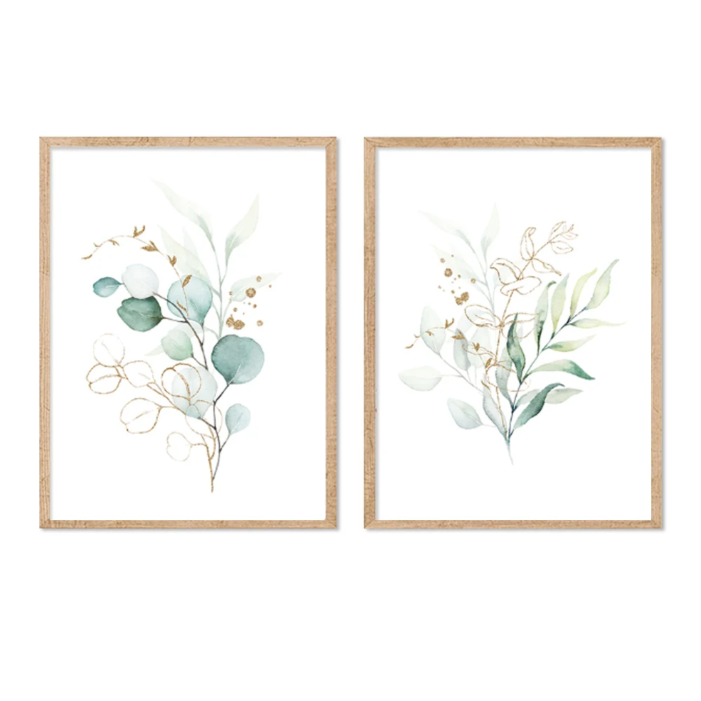 2 pieces of Bohemian watercolor  flower  green leaves  canvas paintings  wall art prints  minimalist images