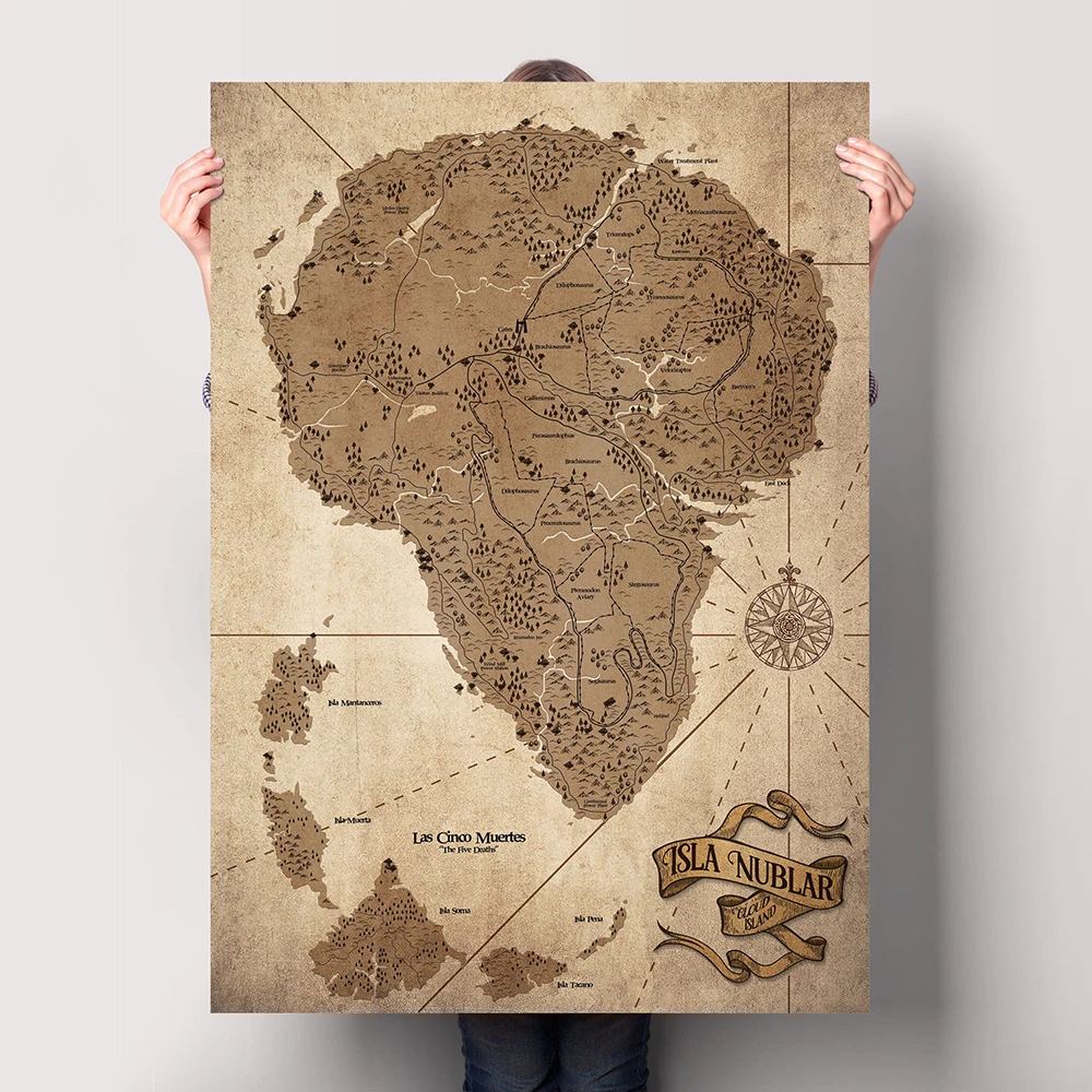 

Sepia Vintage Jurassic Park Map Poster Dinosaur The Lost World Wall Art Canvas Prints Retro Painting Picture for Room Home Decor