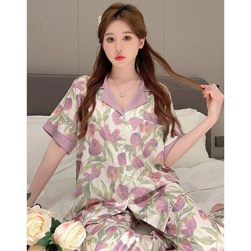 Ice Silk Pajamas for Women in Spring and Summer, New Short Sleeved Long Pants, Tulips, and Summer Silk Home Clothing Sleepwear