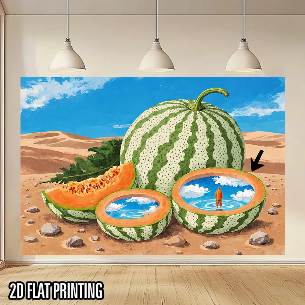 2D Flat, 1pc Large Watermelon-Themed Desert Wall Hanging Tapestry - UV Printed 2D Flat Fruit Slice Design with Cactus & Melon Sl