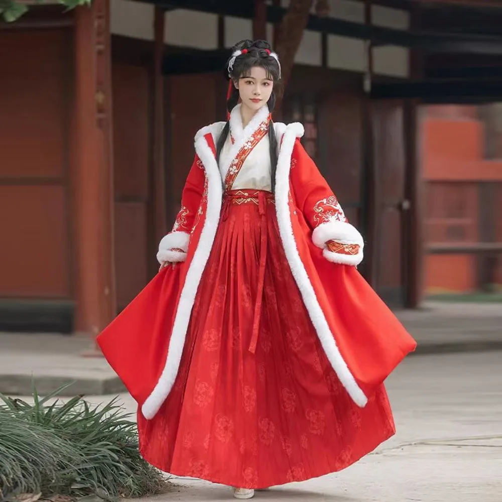 

Red New Year Hoodie Women Cloak + Fur Strim Top + Skirt Han Fu Set Chinese New Year Dress for Big Girl Winter Hanfu for Women