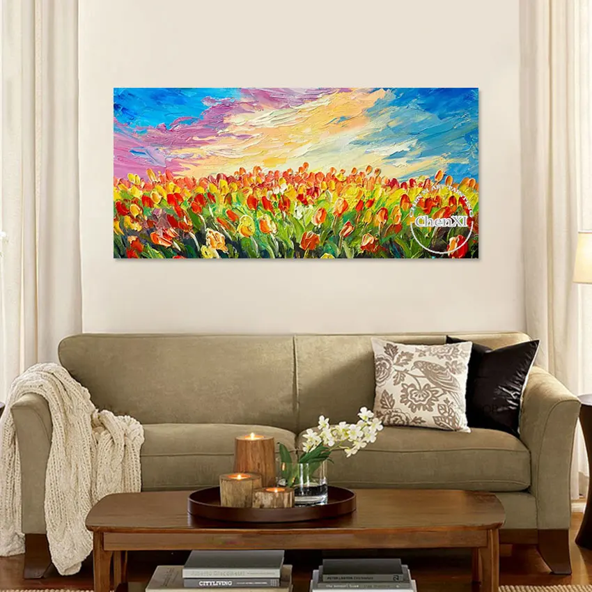 Living Room Decorative Item Tulips Flowers Graden Landscape Oil Painting Wall Art On Canvas Handmade Unframed Luxury Knife Art