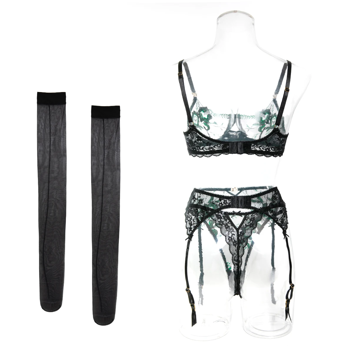 Conjunto de lencería de lujo de 4 piezas con malla negra y bordado floral verde, sujetador con aros, liguero y cinturón de lencería, ropa de noche sensual para mujer