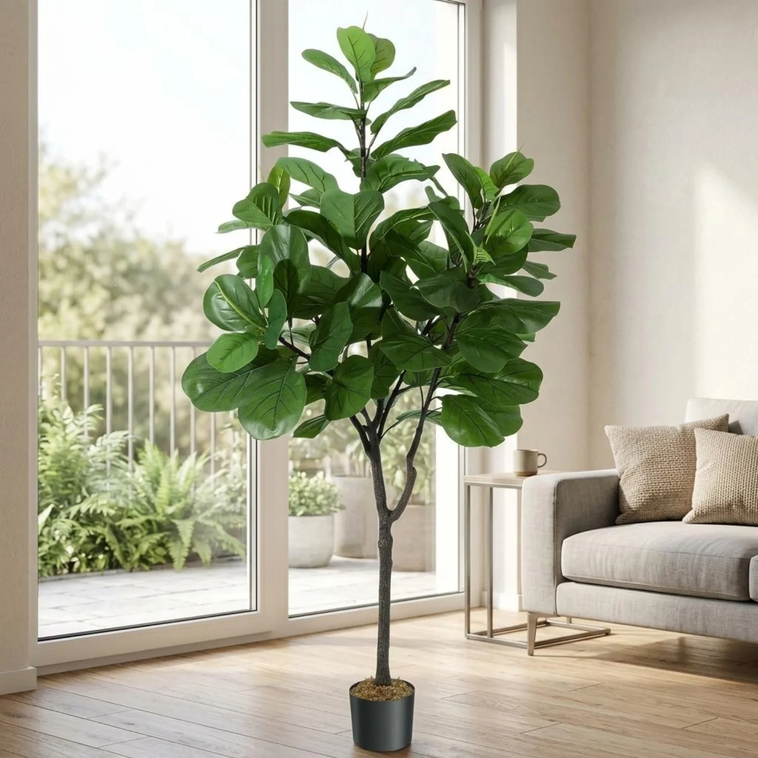 

6FT Artificial Fiddle Leaf Fig Tree (Ficus Lyrata), Lifelike Faux Plant in Black Pot, Potted Fake Tree for Home Office Decor