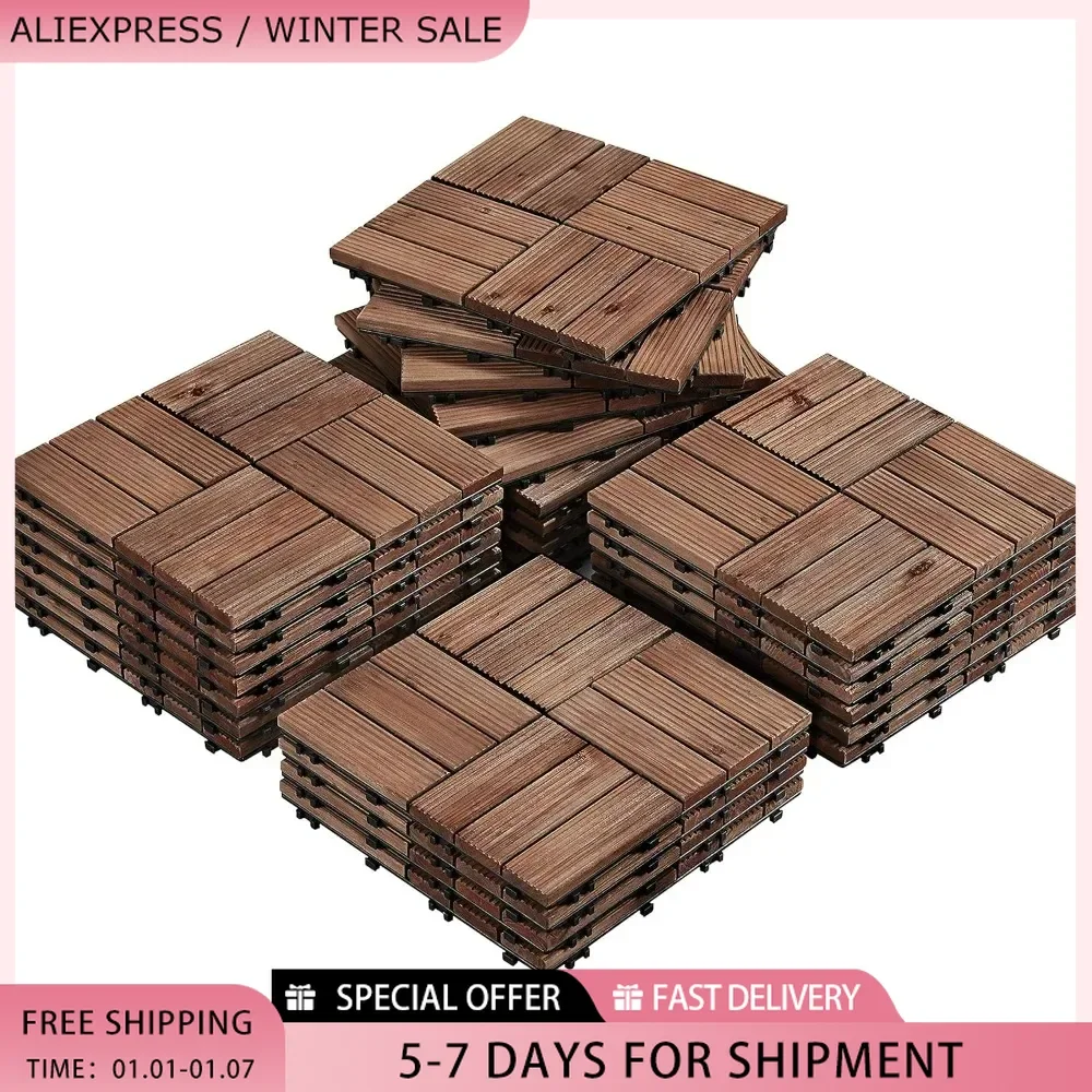 Wooden Decking Tiles 27PCS 12 x 12in Interlocking Patio Composite Balcony Floor Covering for Patio Garden Pathway 1 sq. ft