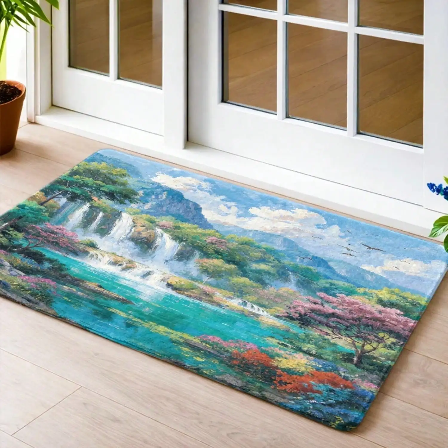 1pc, Flannel Non-Slip Rubber Base Mat, Durable And Washable Universal Mat, Waterfall Scenery Door Mat, Living Room Bedroom Office Bathroom Balcony Corridor