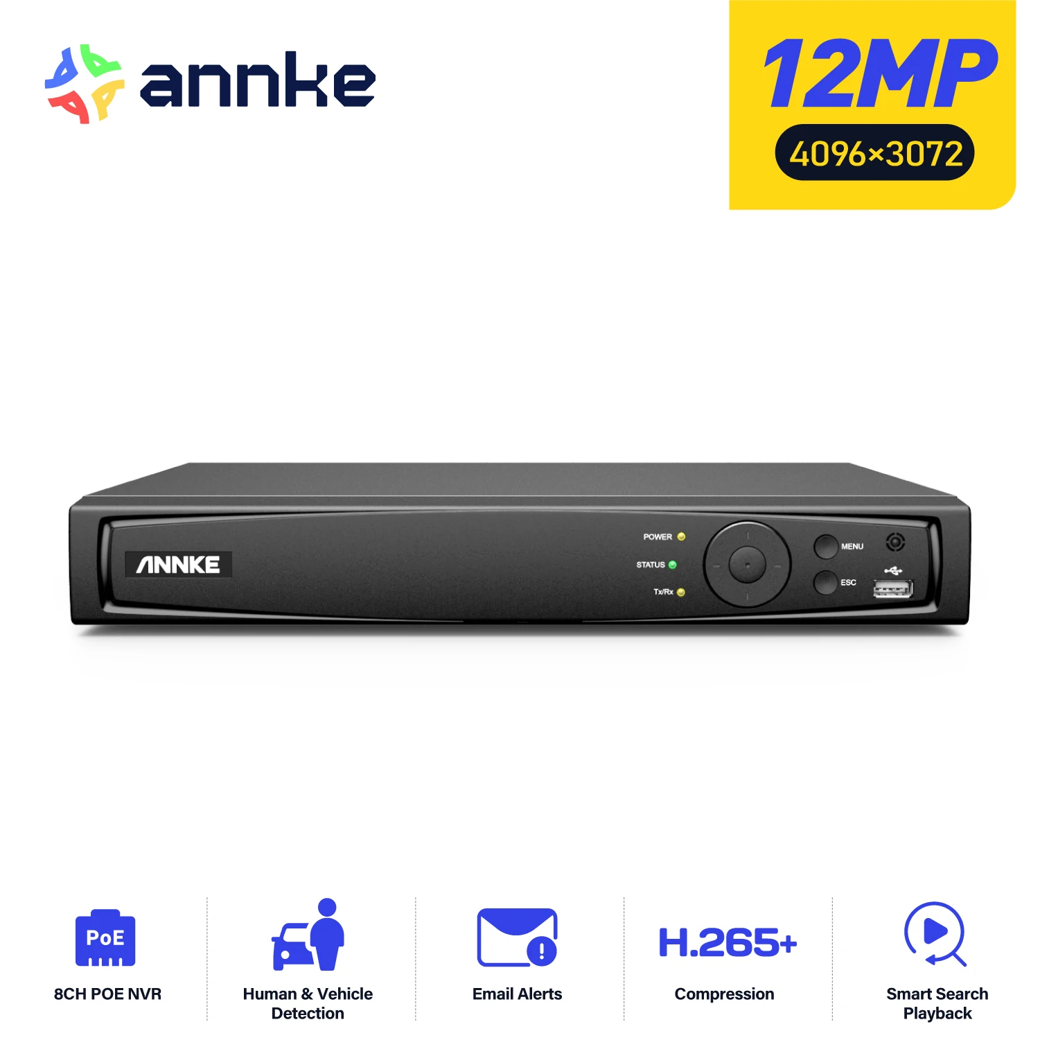 ANNKE, videoregistratore di rete intelligente con tecnologia AI, 12 MP, 8 canali, PoE, supporta fino a 8 telecamere IP, compatibile con telecamere PoE da 12 MP/8 MP/6 MP/5 MP/4 MP, registrazione