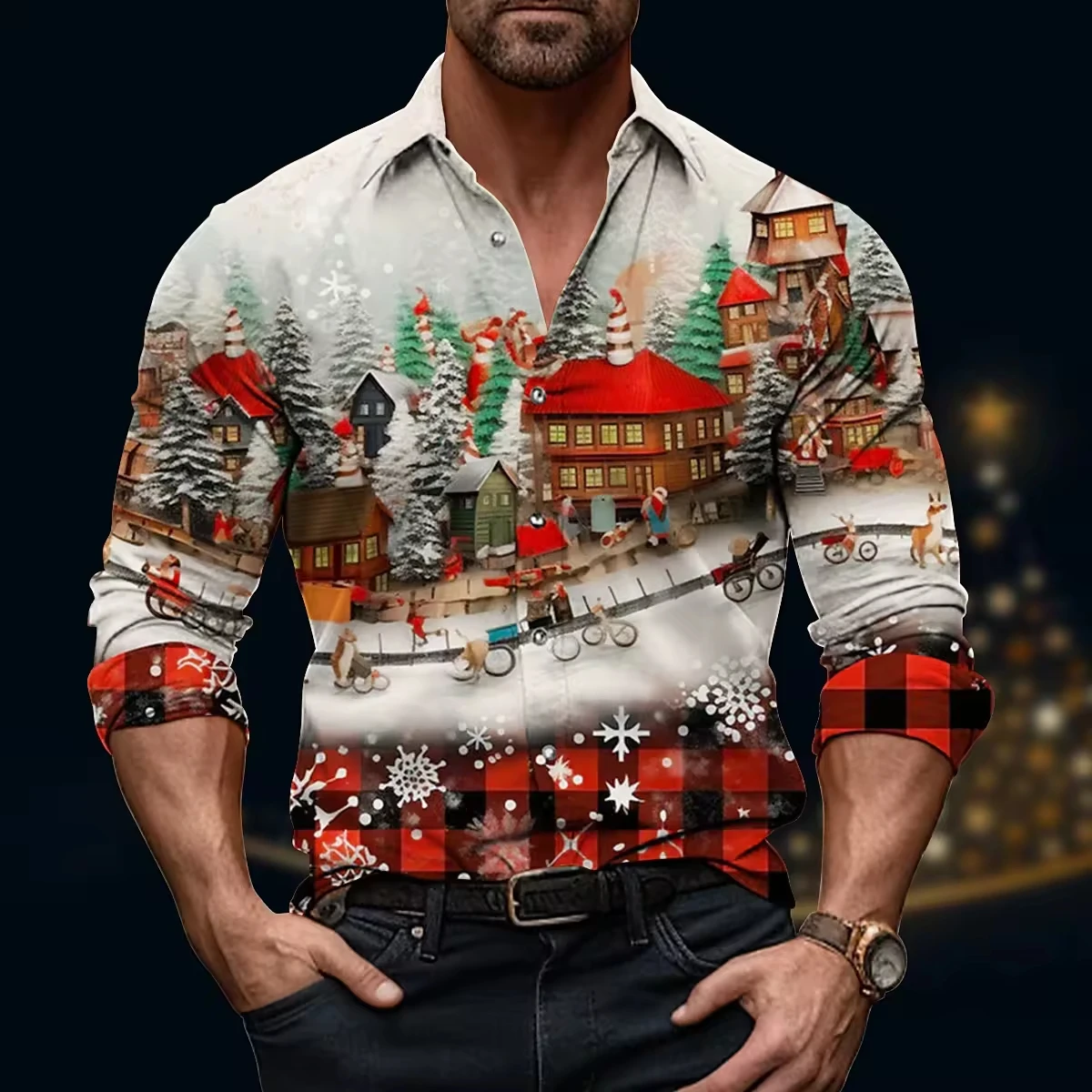 Christmas Themed Men's 3D Printed Santa Claus Snowflake Pattern Lapel Long Sleeve Shirt Casual Business Long Sleeve Shirt