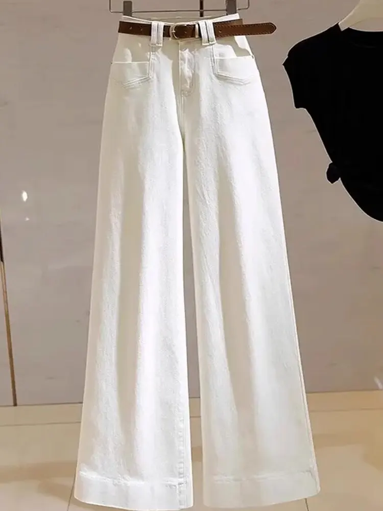 

High Waist Wide Leg Jeans Women Loose Fit Spring Autumn Winter Pure Color Long Pants Thin Denim Fabric Cover Hip Slimming