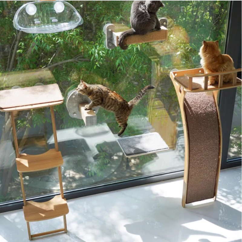 

Wooden Cat Climbing Frame Toys Large Cat Ladder Slide Scratching Board By The Window Kitten Tree Jumping Platform with Sucker