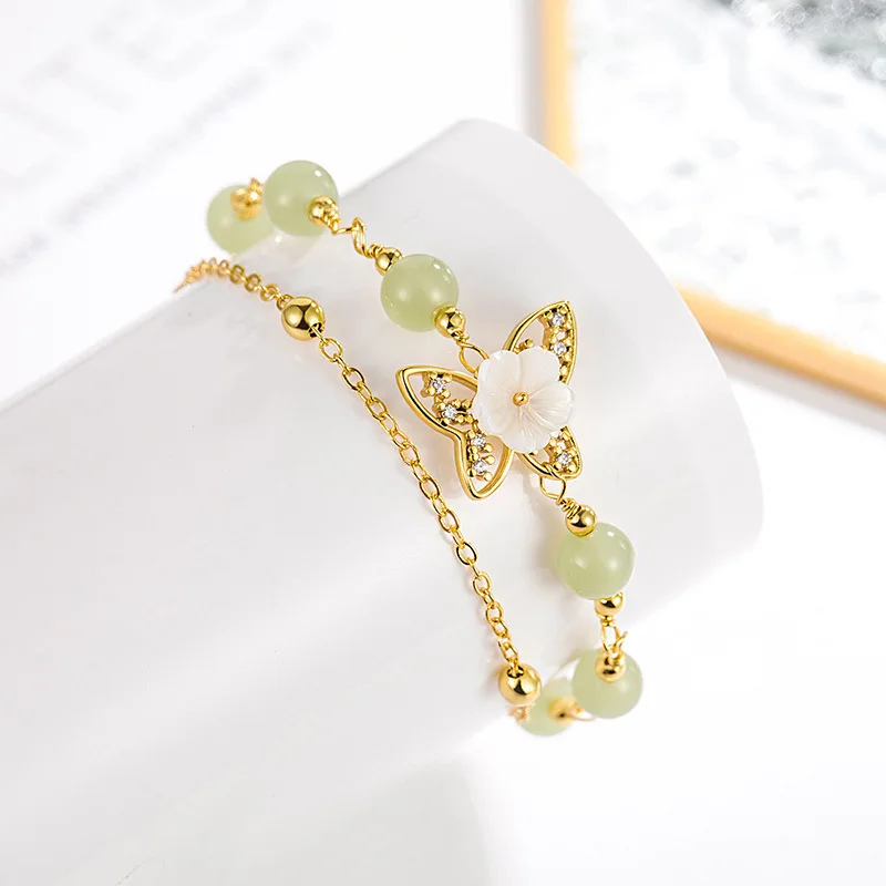 Blossom Branches Natural Hetian Jade Flower Simple Vintage Bracelet Women's All-match Double-layer Stacked Wear Girlfriend Gift