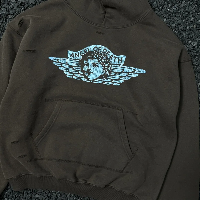 Ange Printing Saint Michael Hoodies Men Women Oversized Pure Cotton Brown Sweatshirt