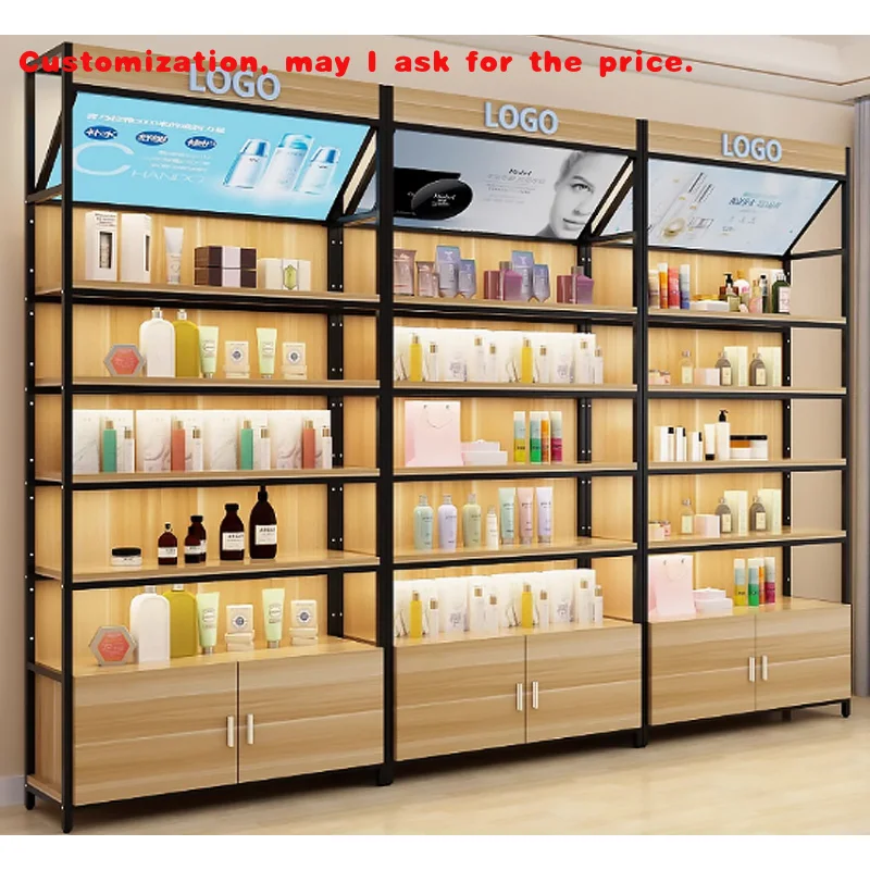 

на заказ.Комбинированные деревянные металлические стеллажи для витрин косметики и ювелирного магазина, светильники и полки для хранения в супермаркете