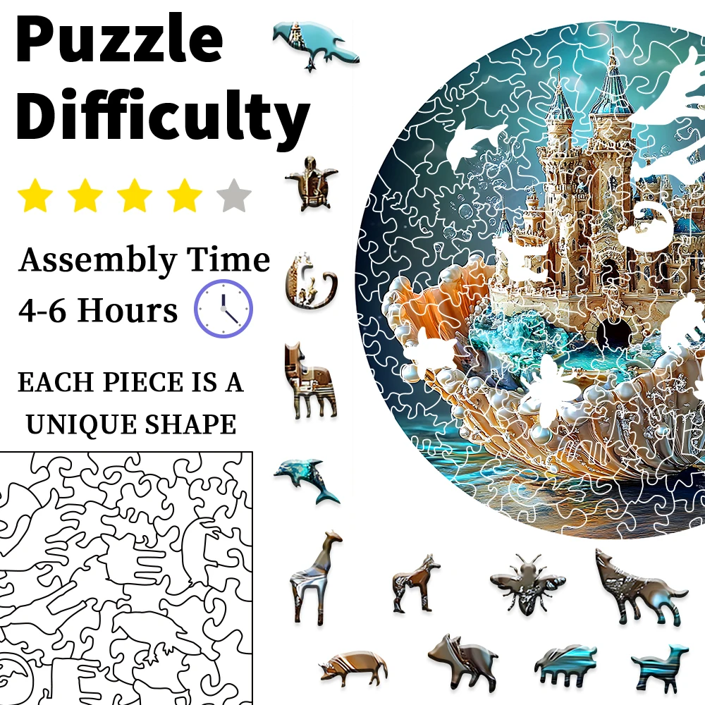 "Shell Castle Wooden Puzzle | Unique Irregular Animal-Shaped Pieces • Creative Handcrafted Decor • Festive Gift, Home Decor & Fa
