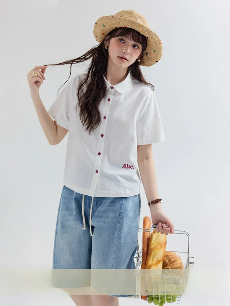 

AMUU Original Color Block Embroidered Pure Cotton Stand Collar Short Sleeve Women's Shirt Breathable Comfortable Korean Style