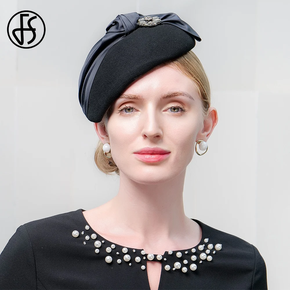 FS 2024 Elegant Beret Church Derby Hats For Women Wool Felt Cap Fascinators Ladies Cocktail Tea Party Fedoras Chapeau Femme