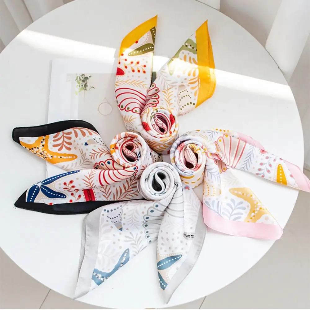 Retro Printed Starfish Print Scarf Sea Star Conch Shell Silk Scarf Headband Geometric Shape Satin Hijab Beach view 3