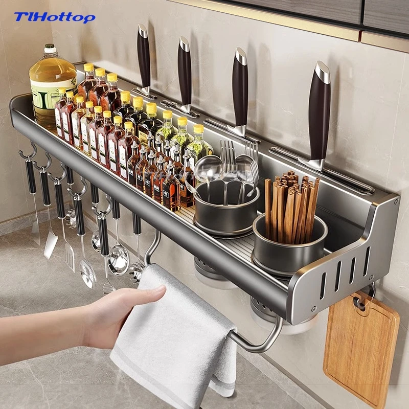 Kitchen Storage Rack Multi-Functional Perforation-Free Wall Hanging Seasoning Chopsticks Knife Rack Storage Rack