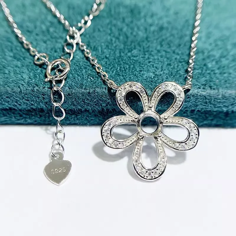 MeiBaPJ 3 Colors 5mm Round Stone Genuine 925 Silver Flower Pendant Necklace Empty Fitting Fine Wedding  Jewelry for Women