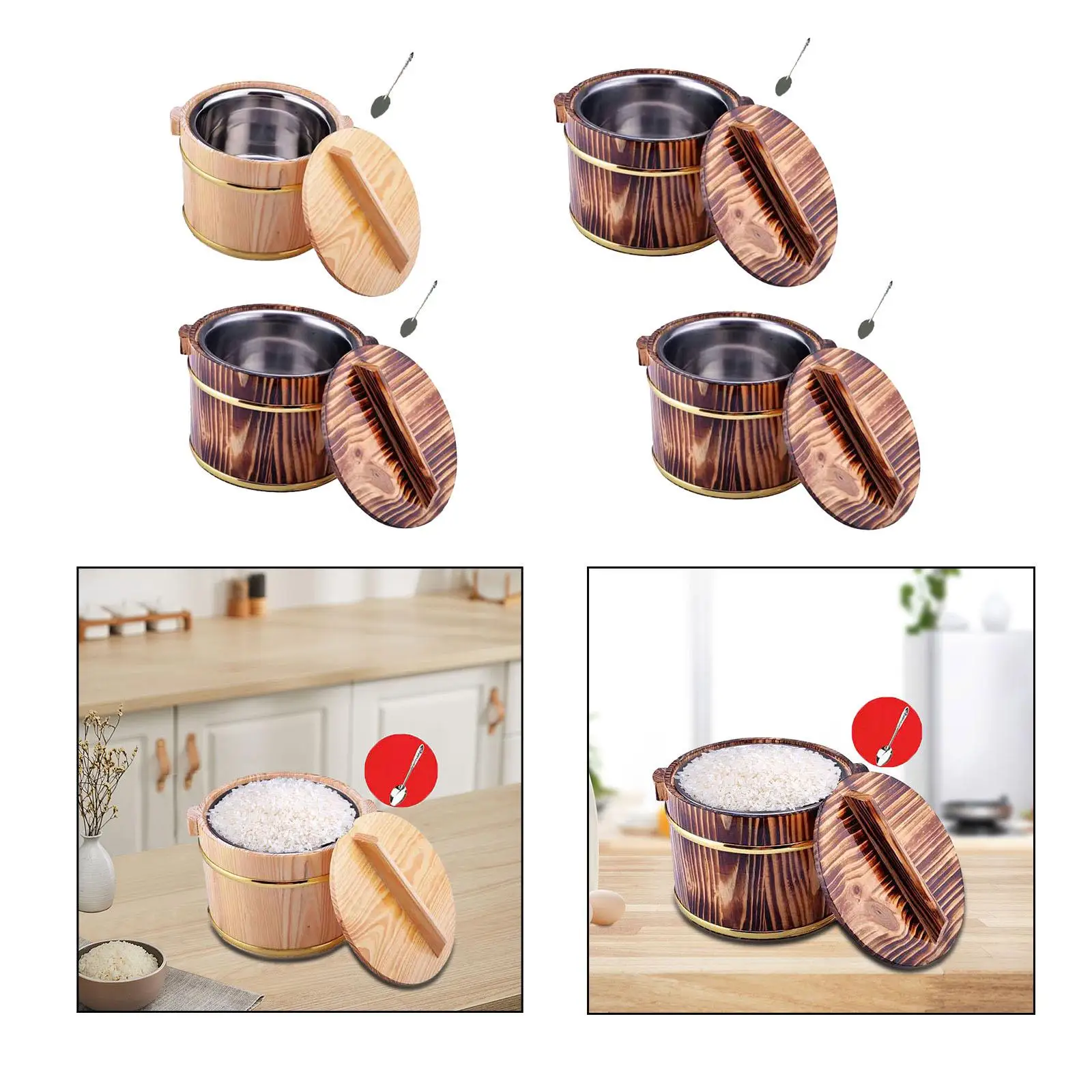 2x Wooden Rice Bowl Multipurpose Practical Storage Bucket Creative Rice Cask Rice Bucket for Home Cooking Restaurant Household