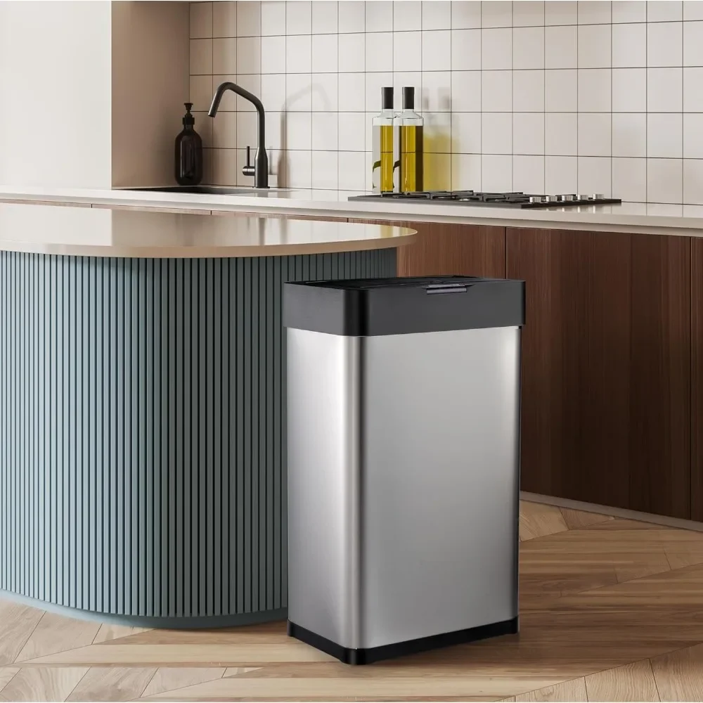 Trash Can, 16 Gallon Touchless Motion Sensor Waste Bin Stainless Steel Garbage Can with Lid for Kitchen, Bedroom, Home Office