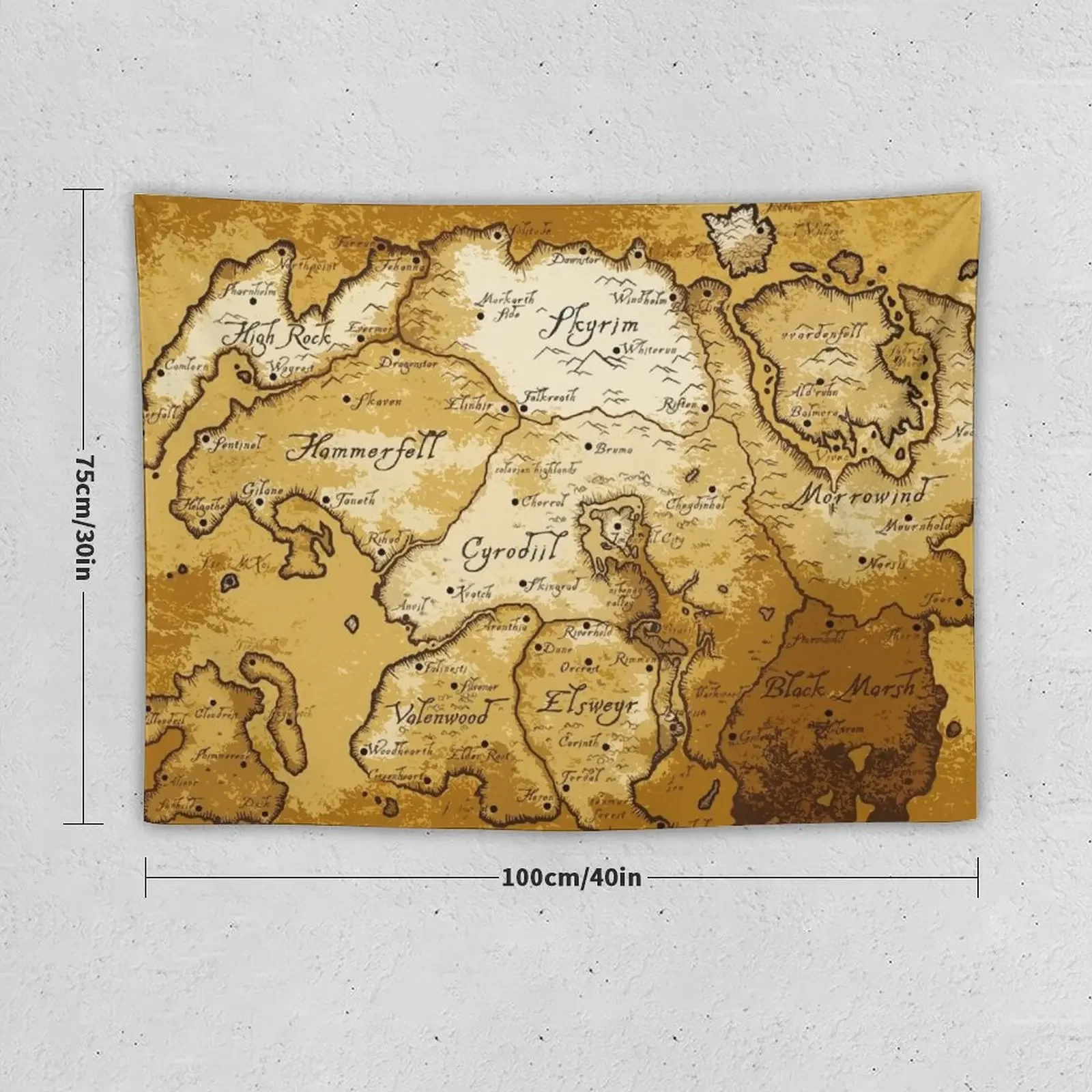 Aged Scrolls Fantasy Map Vector Minimalist Ancient RPG DnD Tamriel Elder ESO Online Summerset Tapestry Wall Mural Tapestry