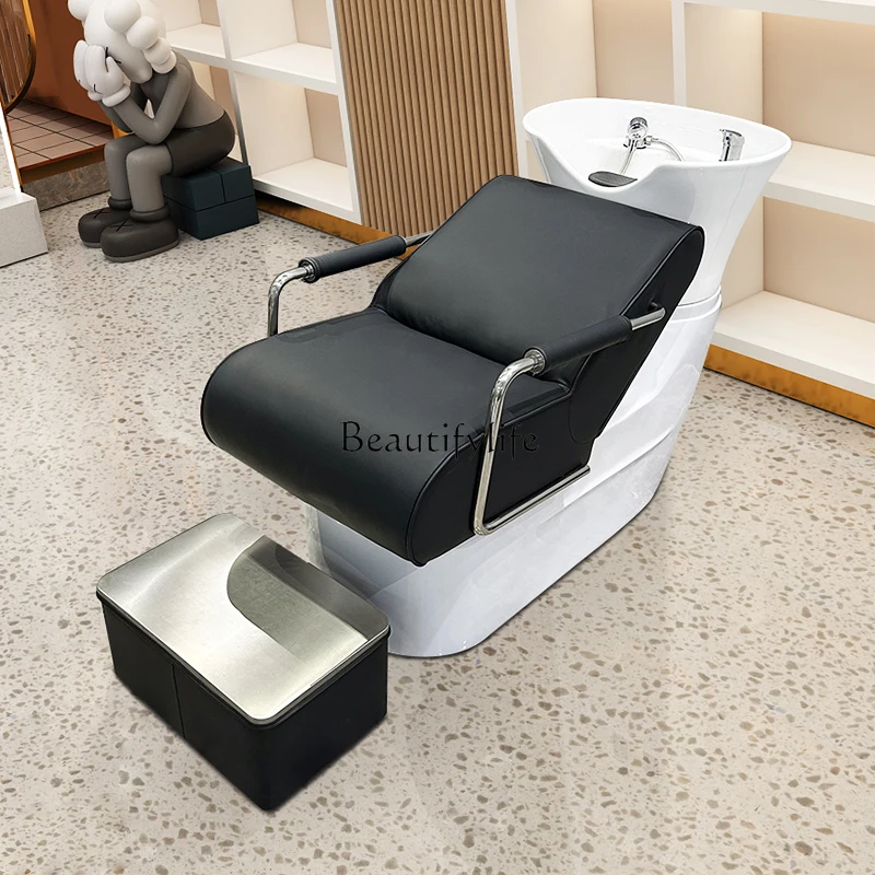 

Barber Shop Shampoo Flushing Bed Ceramic Basin Lying Half Simple Shampoo Chair