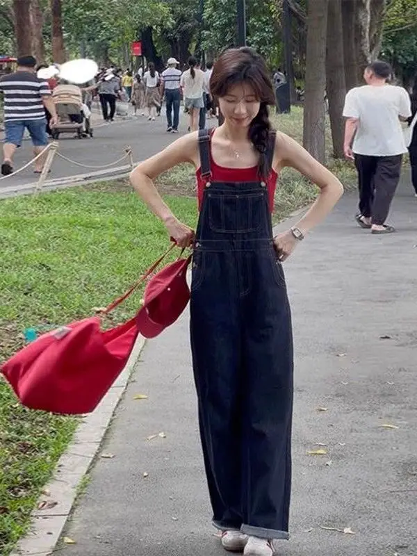 

Korean Style Small Size Workwear Denim Overalls Women's Spring Summer Loose Versatile Slimming Youthful Casual One-Piece Floo...