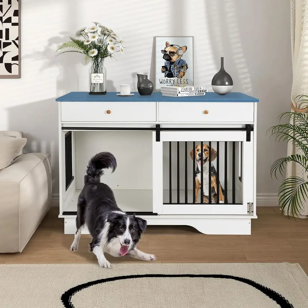 

Dual Dog Crate Furniture with Storage Drawers and Divider, Large Double Cage as TV Stand, Stylish Dog Crates with Sliding Doors