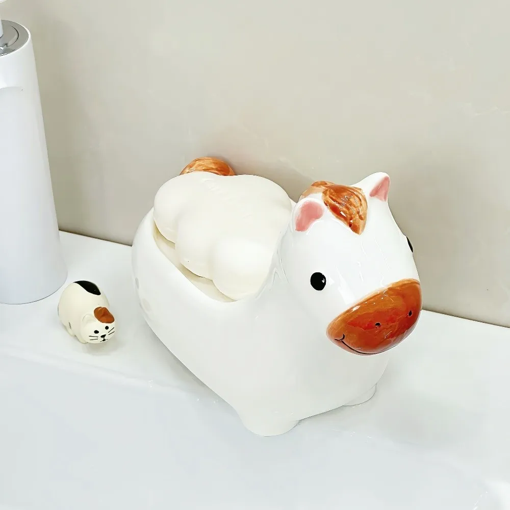 

Cute Horse Soap Dish Soap Box Soap Container Self Draining Soap Holder Drainable Ceramic Bathroom Decor Organizer for Sink