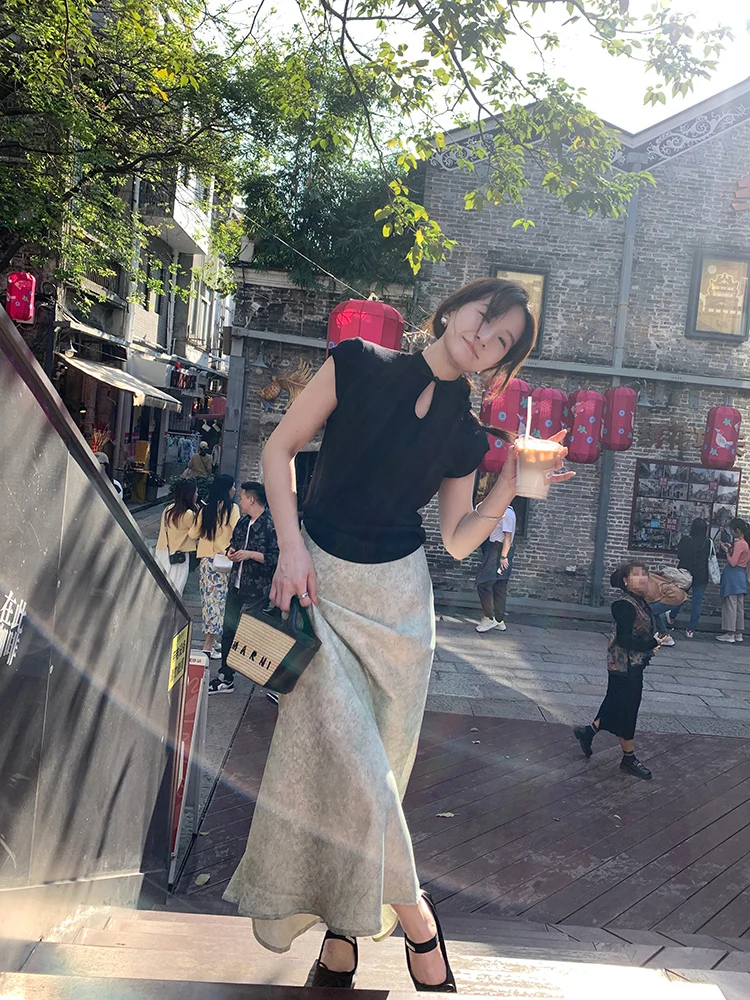 

XierZ Zhou Xi Er High Waist Midi Skirt een e Rain k Pattern Chinese Sle Personali f Body Skirt Commute Wear