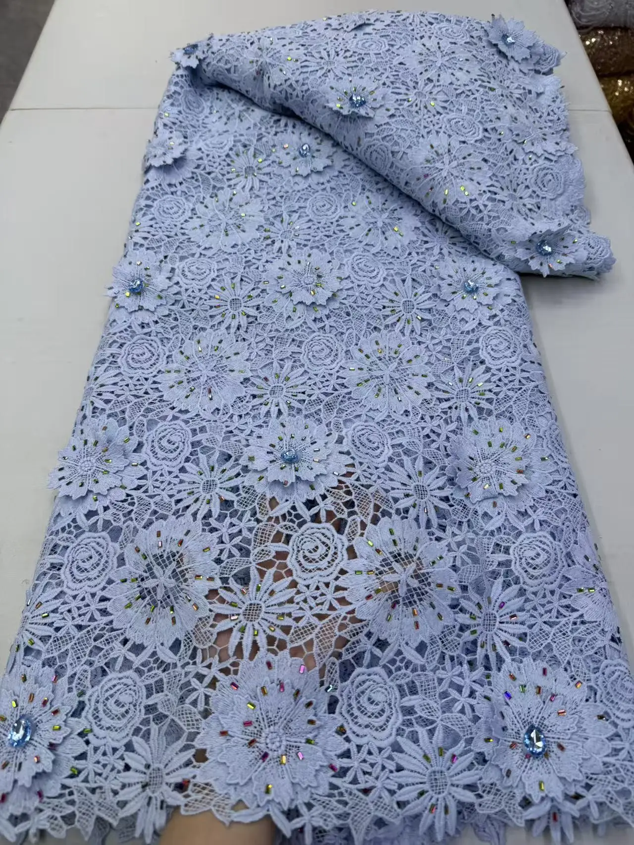 

2026 High quality Stones Lace 5 yards fabric for elegant church wedding party evening dress For sewing of party dresses