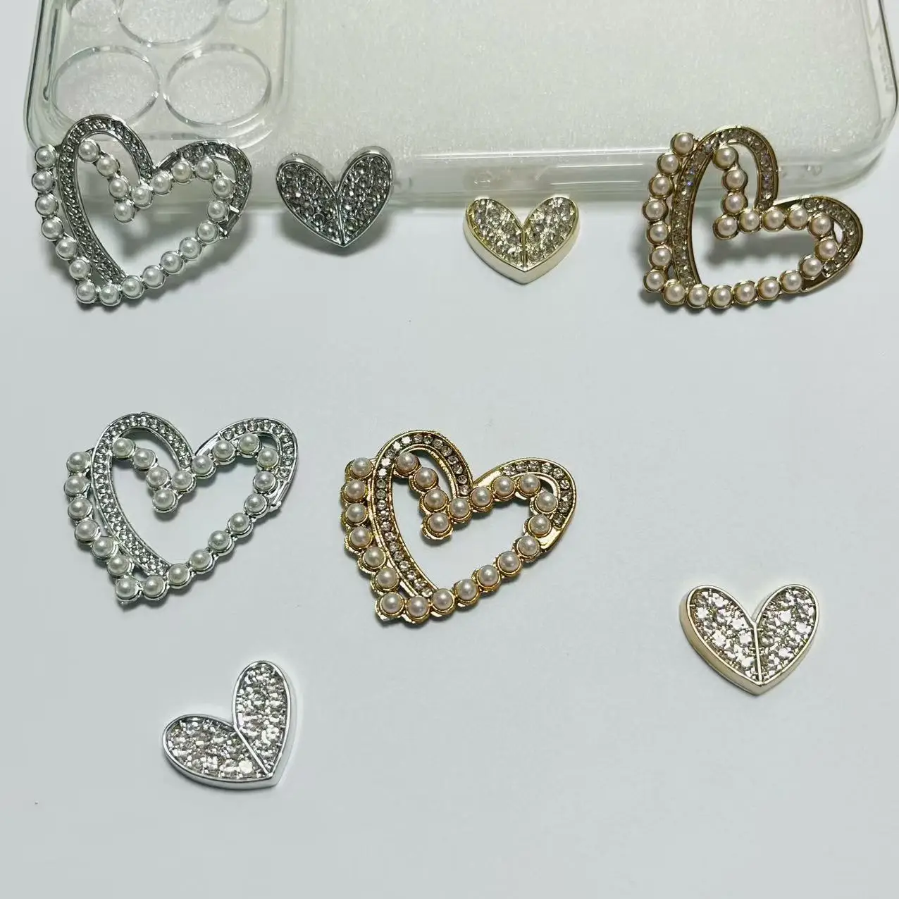 20Pcs Mixed Golden Silver Full Diamond Pearl Hollow Heart Resin Junk Phone Case Decoration Charms Handmade Hairpin Crafting Part