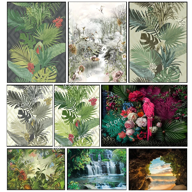 Jungle Plant Tropical Leaves Flower Parrot Landscape Art Poster Canvas Painting Wall Print Picture Living Room Modern Home Decor