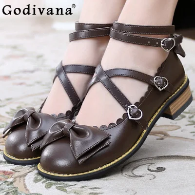 

Lolita Japanese Vintage Princess Jk Sweet Bow Loli Daily Round Head Doll Shoes Bowknot Kawaii Girls Women Mary Jane Shoes