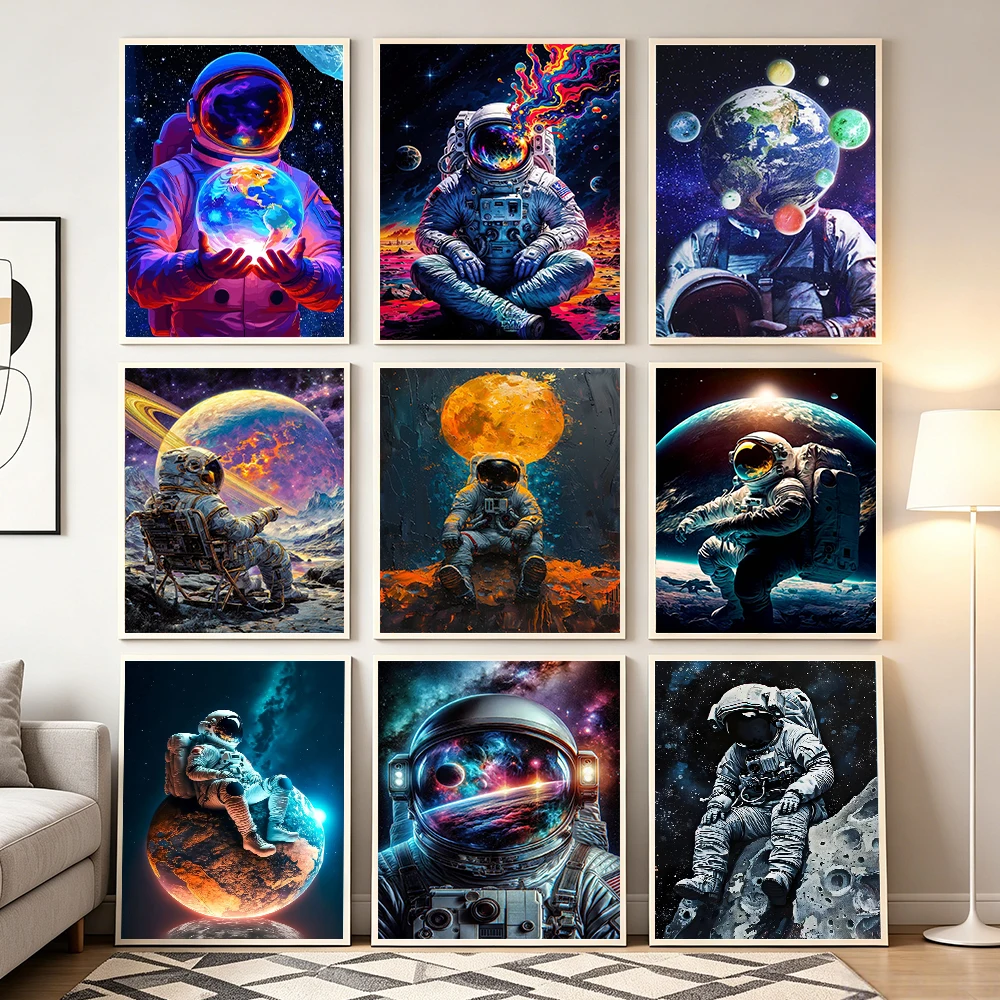 Cosmic Astronaut Canvas Wall Art Galaxy Planet Spaceman Canvas Painting Abstract Universe Starry Galaxy Poster Print Home Dec